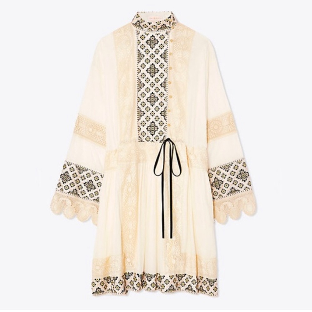 Tory Burch Carlotta Dress Size 0 Embroidered Lace Mini Dress Long Skeeved